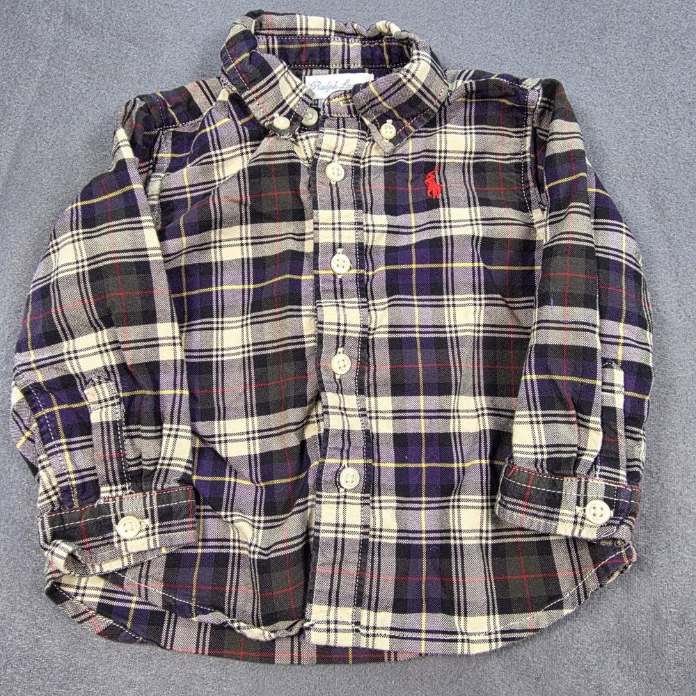 Polo Ralph Lauren Boys Button Up Shirt 6M Blue Mutli-color Plaid Red Pony Logo